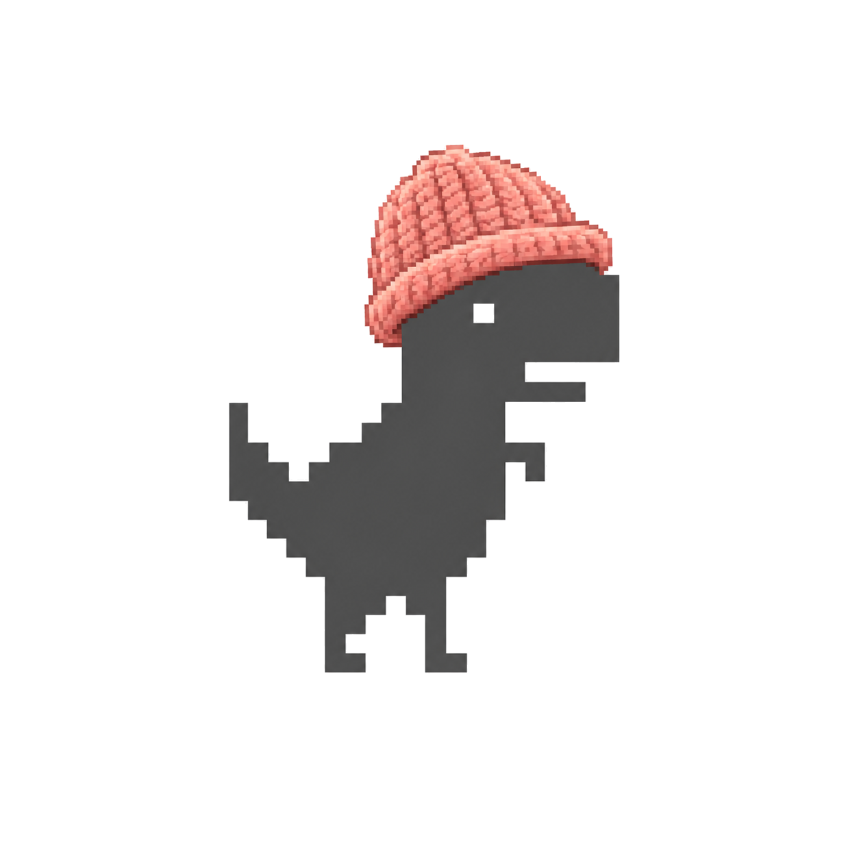 Pixel dinosaur wearing a pink knitted hat